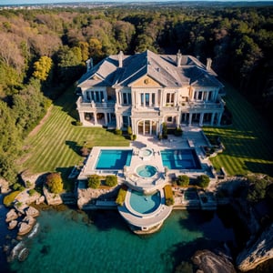 aerial scene, majestic mansion with pool on a cliff, (golden hour lighting), shot with DJI Phantom 4 Pro drone camera,