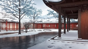 In a Chinese architectural courtyard during winter, there is a vast expanse of stone brick flooring. Several trees are scattered around the area, their branches adorned with snow. The sky is a vibrant blue, and in the distance, there are snow-capped mountains.