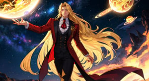 A young and handsome male vampire with long golden hair and a glowing magic hand is walking in the night sky with a large shining planet in the sky.