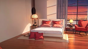 A warm and cozy bedroom located in a high-rise building. The furniture and space are meticulously designed with proper perspective, and the room boasts large floor-to-ceiling windows that reveal the nighttime cityscape, allowing a soft glow of light to enter. The visuals are crystal clear without any blurriness, enhanced by the warm radiance of a lamp. The color scheme is unified with soothing shades of grey and white.