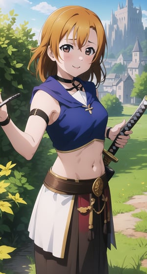 ((masterpiece, best quality)), RAW Photo of  kousaka honoka, young, (1girl:solo), midriff, outdoor, adventurer, fantasy village in background, nature, medieval time, reflected light, ray tracing, delicate background, cowboy shot, vibrant world., absurdres, abs, holding katana, holding weapon, armor, brown, sexy, young girld