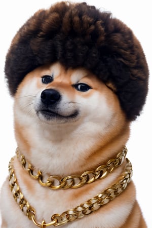 Masterpiece, best-quality, ("85mm f1.8, realistic, film-grain":1.1). A shiba-inu CHEEMS+MNTYDGE wearing ("gold neck chains") and a ("fake afro-hairstyle").
Close up, white background, In hyperrealism