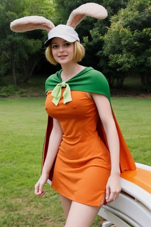 1girl, solo, (CarrotChan), bunny-girl, bunny-nose, bunny_ears, blond-Short-hair. Is wearing a 'orange-dress and white-cap and green Cape', one piece,[buxom]. action_scene, lifelike, 8K, best quality, daylight, hyperrealism