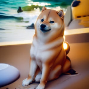 Realistic, high quality, in-focus video. Nsfw, in-action. a shiba-inu playing at the beach. CHEEMS+MNTYDGE, day, sunlight