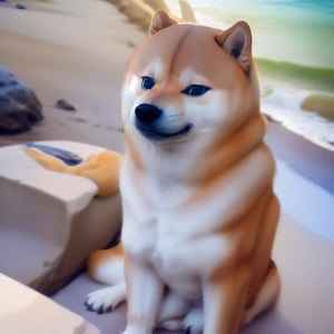 Realistic, high quality, in-focus video. Nsfw, in-action. a shiba-inu playing at the beach. CHEEMS+MNTYDGE, day, sunlight