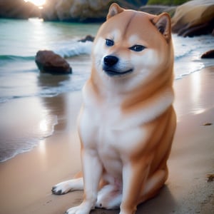 Realistic, high quality, in-focus video. Nsfw, in-action-subject. a shiba-inu playing at the beach. (CHEEMS+MNTYDGE:1), day, sunlight, godrays