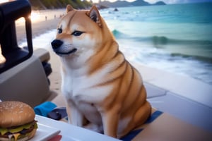 Realistic, high quality, in-focus video. Nsfw, in-action. a shiba-inu eating cheeseburgers at the beach. CHEEMS+MNTYDGE, day, sunlight