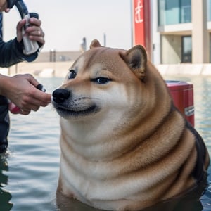 "A realistic image of" a lifeguard dog rescuing drowning people, as the hero lead star in baywatch movie. Dog is a Shiba-Inu, Cheems+mintydoge, meme-dog, "shoot by Fujifilm XT3, 85mm f2.0"
