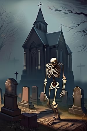 (masterpiece, best quality), solo, a skelton dance in cemetery, head down and feet up, tense atmosphere, toon style, fog, scary, intricate and highly detailed, 8K resolution 