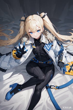 1girl, solo, hair ornament, white coat, belt, black bodysuit, fur trim, gloves, blue boots, 
(masterpiece, best quality, extremely detailed, highly detailed face, beautiful detailed eyes), perfect, hand, fingers,