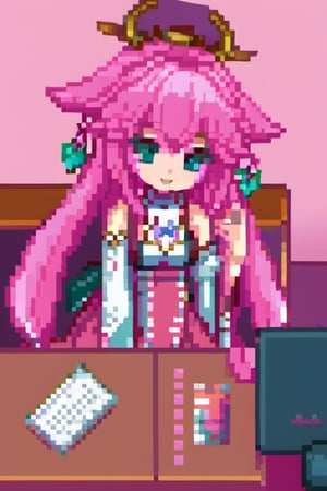 pixel art, Yae Miku, pink hair, wolf ear, miko clothes, Japanese tori,yae miko