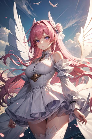 (masterpiece, best quality), expressive eyes, perfect face, beautiful, 1girl, solo, pink long hair, white dress, tight-high sock, defdress, wings in back, illuminated by sunlight, flying in sky, clouds, (ray tracing, global illumination),dorothy \(nikke\),defdress