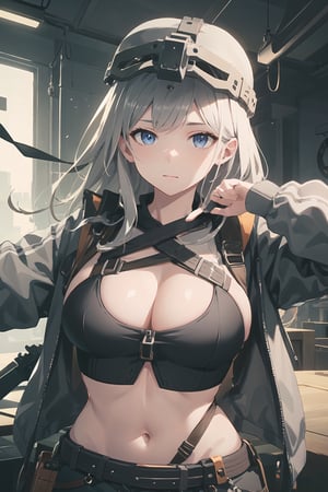 ,centi \(nikke\),  belt, crop top, jacket, helmet, (masterpiece, best quality), beautiful, sexy, silver hair, long hair, cleavage, medium breast, belly button, (dynamic pose), intricate and highly detailed, (ultra-detailed CG unity 8K wallpaer)
