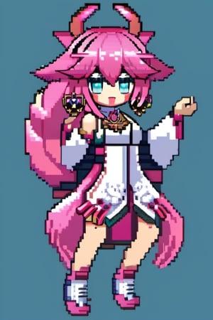 pixel art, Yae Miku, pink hair, wolf ear, miko clothes, Japanese tori,yae miko,pixel,pixel art style