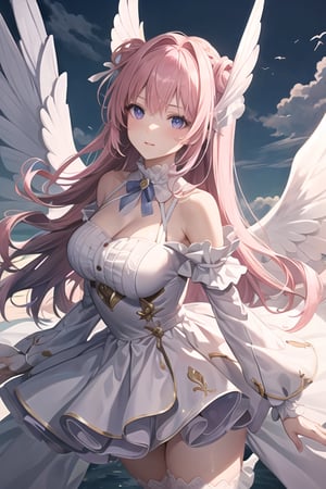 (masterpiece, best quality), expressive eyes, perfect face, beautiful, 1girl, solo, pink long hair, white dress, tight-high sock, defdress, wings in back, illuminated by sunlight, flying in sky, clouds, (ray tracing, global illumination),dorothy \(nikke\)