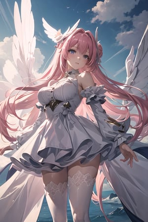 (masterpiece, best quality), expressive eyes, perfect face, beautiful, 1girl, solo, pink long hair, white dress, tight-high sock, defdress, wings in back, illuminated by sunlight, flying in sky, clouds, (ray tracing, global illumination),dorothy \(nikke\)