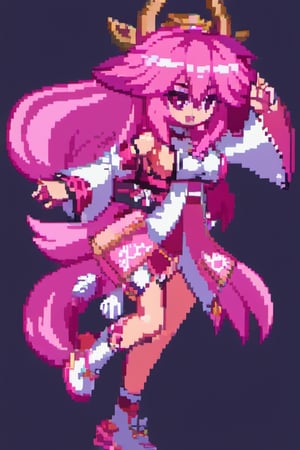 pixel art, Yae Miku, pink hair, wolf ear, miko clothes, Japanese tori,yae miko,pixel