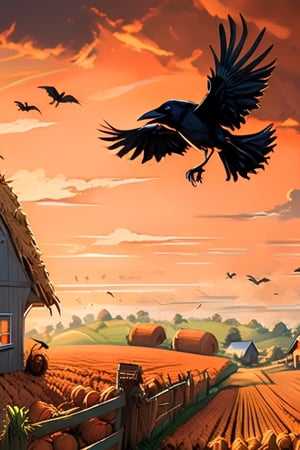 (masterpiece, best quality), detailmaster2, illustration of the crow flying over the ((scarecrow)) in the middle of the farm, with a cartoon style that looks scary, orange sky, cloud, outline, (highly detailed:1.3), (ray tracing:1.2), (global illumination:1.2), (ultra-detailed CG unity 8K wallpaper:1.3), sharp focus, film grain, (cinematic:1.2), fantasy art, surrealism ,detailmaster2