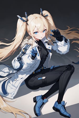 1girl, solo, hair ornament, white coat, belt, black bodysuit, fur trim, gloves, blue boots, 
(masterpiece, best quality, extremely detailed, highly detailed face, beautiful detailed eyes), perfect, hand, fingers,