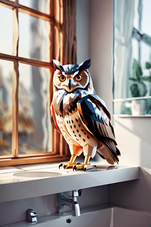 (masterpiece, best quality), owl, perched on the window, washroom, low poly, detailed, background detail, detailmaster2