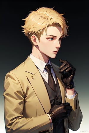 Handsome, blonde hair, charismatic, elegantly, formal clothes, black gloves, (masterpiece:1.3), (vibrant:1.2), (more details:1.3), (quality: High quality, Highres, 8K Resolution, detailed),twilight \(spy x family\)