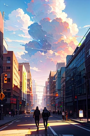 (masterpiece:1.2), anime scenery of modern city, many people walk, sunlight, building, cloud, beautiful sky, plane at sky, like Professionals Photography, anime background, extremely detailed CG unity wallpaper 