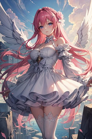 (masterpiece, best quality), expressive eyes, perfect face, beautiful, 1girl, solo, pink long hair, white dress, tight-high sock, defdress, wings in back, illuminated by sunlight, flying in sky, clouds, (ray tracing, global illumination),dorothy \(nikke\),defdress