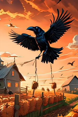 (masterpiece, best quality), detailmaster2, illustration of the crow flying over the scarecrow in the middle of the farm, with a cartoon style that looks scary, orange sky, cloud, outline, (highly detailed:1.3), (ray tracing:1.2), (global illumination:1.2), (ultra-detailed CG unity 8K wallpaper:1.3), sharp focus, film grain, (cinematic:1.2), fantasy art, surrealism ,detailmaster2