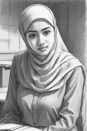 (Pencil Sketch) of female student, sitting in classroom, wearing hijab, gamis dress, attend lessons in class, (rough sketch:1.2), (simple sketch:1.3)