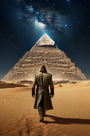 (masterpiece, best quality), solo, Frankenstein walks towards the pyramid, the night sky is full of stars, the views of the desert and the pyramid are so unified, cinematic , intricate and highly detailed, 8K resolution ,Movie Still,more detail XL