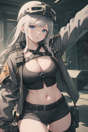 ,centi \(nikke\),  belt, crop top, jacket, helmet, (masterpiece, best quality), beautiful, sexy, silver hair, long hair, cleavage, medium breast, belly button, (dynamic pose), intricate and highly detailed, (ultra-detailed CG unity 8K wallpaer)
