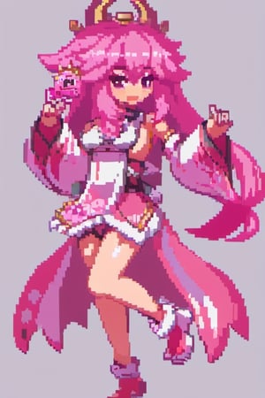 pixel art, Yae Miku, pink hair, wolf ear, miko clothes, Japanese tori,yae miko,pixel