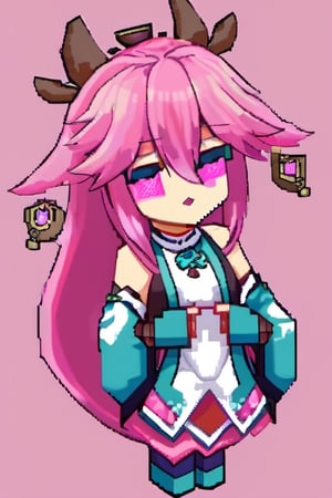 pixel art, Yae Miku, pink hair, wolf ear, miko clothes, Japanese tori,yae miko,pixel,pixel art style