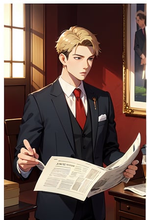 Handsome, charismatic, elegantly, formal clothes, reading newspaper, (masterpiece:1.3), (vibrant:1.2), (more details:1.3), (quality: High quality, Highres, 8K Resolution, detailed),twilight \(spy x family\)