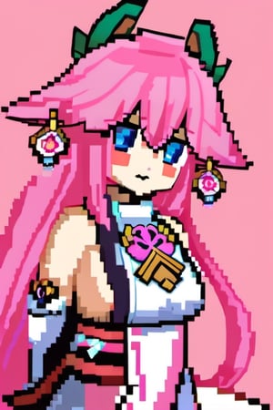 pixel art, Yae Miku, pink hair, wolf ear, miko clothes, Japanese tori,yae miko,pixel,pixel art style