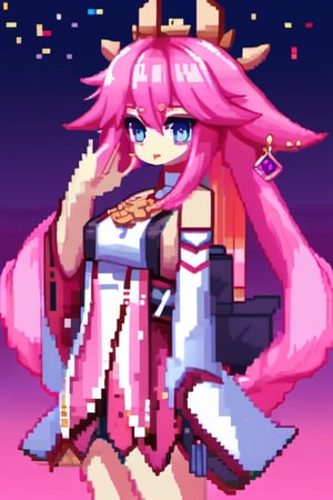 pixel art, Yae Miku, pink hair, wolf ear, miko clothes, Japanese tori,yae miko,pixel,pixel art style