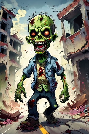 (masterpiece, best quality), cute zombie, many zombie, zombie wave, running in highway, destroyed building, toon style, more detail, more art, detailmaster2