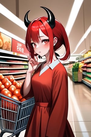 (masterpiece, best quality), solo, 1 girls, red hair, black eye, expressive, beautiful, demon, horn, devil wing, devil tail, fang, bring cart in supermarket, shopping, indoor, soft lights, detailmaster2,