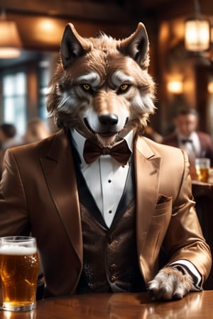 (masterpiece, best quality), detailmaster2, digital art of warewolf wear tuxedo, brown clothes, sitting in restaurant hold a beer, (highly detailed:1.3), (ray tracing:1.2), (global illumination:1.2), (ultra-detailed CG unity 8K wallpaper:1.3), sharp focus, film grain, (cinematic:1.2), fantasy art, surrealism 