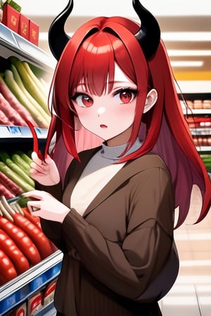 (masterpiece, best quality), solo, 1 girls, red hair, black eye, expressive, beautiful, demon, horn, devil wing, devil tail, fang, bring cart in supermarket, shopping, indoor, soft lights, detailmaster2,