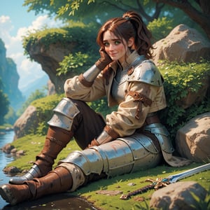 score_9, score_8_up, score_7_up, solo. female, shy smile, green eyes, brown ponytail hair, dirty skin, scars, armored jacket, baggy armored pants, gloves, boots, rugged, medieval fantasy, sitting on a rock, sword on ground, 