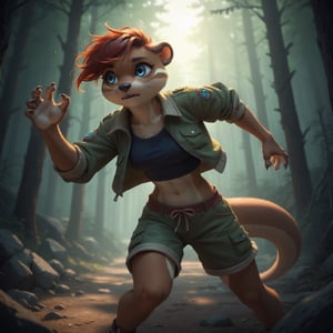 Score_9, score_8_up, score_7_up, bright colors, vivid colors, furry, female otter bigfoot researcher looking for bigfoot in an abandoned summer camp, midriff, jacket, shorts, blue eyes, cute, eerie atmosphere, action pose,