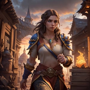 ((best quality)), ((masterpiece)), (detailed), woman, battle monk, monk robes, (hyper detailed outfit), dirty brown hair, soft skin, (battle stance1:1), (rugged hair1:1), (elaborate style hair), strong, fit, focus, intense, (HDR), walking with confidence, in control, masterful, skillful, (detailed medieval fantasy village), magical, mystical, 8k resolution, (lighting:1.2), intense stare, (high-resolution:1.2), ,realhands, (mute soft colors), majestic, ((warcraft))