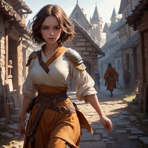 ((best quality)), ((masterpiece)), (detailed), woman, battle monk, monk robes, (hyper detailed armor), dirty brown hair, soft skin, (battle stance1:1), natural soft breasts, (rugged sidecut hair1:1), strong, fit, focus, intense, (HDR), walking with confidence, in control, masterful, skillful, (detailed medieval fantasy village), magical, mystical, 8k resolution, (lighting:1.2), looking at viewer, (high-resolution:1.2), ,realhands