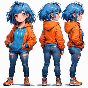 (CharacterSheet:1), 1girl, sporty, (orange and blue gradation hair), (blue hoodie, short pants, jeans, sport shoes), (multiple angles, multiple expressions), perfect gesture, clean line art, perfect line art, extra super detailed, (no cut off), (white background), (no text), (no cropped), (best quality), (highest quality), (ultra detailed), (8k resolution), (full-body shot), (close-up shots), (side view, front view, back view), (reference sheet:1), (HDR:1), Accent Lighting, extremely detailed, original, high-res, perfect anatomy, chibi, LineAniAF