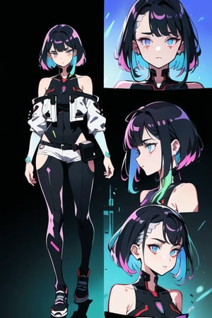 (CharacterSheet:1), 1girl, (cyberpunk style:1.3), (short hair:1.2), (bright neon hair color), (glowing tattoos:1.2), (futuristic outfit, leather jacket, tech accessories), confident pose, (multiple views, full body, upper body, reference sheet:1),
(black urban background:1.2), (dynamic_pose:1.2), (masterpiece:1.2), (best quality, highest quality), (ultra detailed), (8k, 4k, intricate), (50mm), (highly detailed:1.2), (detailed face:1.2), detailed_eyes, (neon lighting), (ambient light:1.3), (cinematic composition:1.3), (HDR:1), Accent Lighting, extremely detailed, original, highres, (perfect_anatomy:1.2),  ,
,LUCY \(CYBERPUNK\)