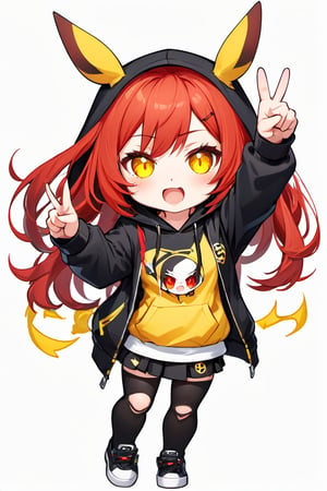  chibi, chibi emote style, emote, 1girl,solo, yellow eyes, victory sign,black hoodie,upper bodyhappt, open mouth, shot hair, drill hair, red hair, white white background, ,chibi emote style