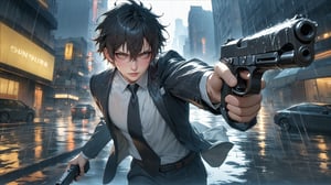 solo, looking at viewer, short hair, bangs, shirt, black hair, 1male,adult, holding, hair between eyes, jacket, white shirt, weapon, male focus, outdoors, necktie, belt, pants, holding weapon, black jacket, wet, gun, black pants, formal, suit, messy hair, holding gun, handgun, rain, city, aiming, aiming at viewer,best quality, masterpiece, beautiful and aesthetic, 16K resolution, HDR (1.4), high contrast