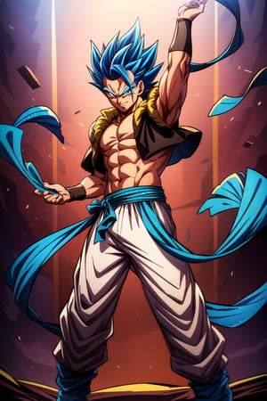 (masterpiece, best quality:1.2), , cowboy shot, solo, male focus, 1boy, gogeta, muscular male, smirk, looking at viewer,  blue hair, blue eyes, vest, blue sash, white pants, wristband, tail, pectorals