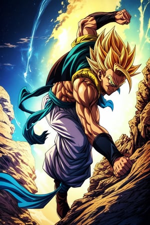 (masterpiece, best quality:1.2), , cowboy shot, solo, male focus, 1boy, gogeta, muscular male, smirk, looking at viewer,  yellow hair, green eyes, vest, blue sash, white pants, wristband, tail, pectorals,clenched_fist,